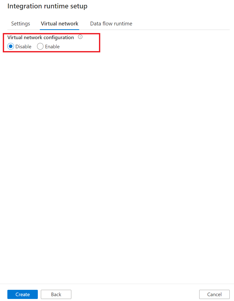 Screenshot dell'abilitazione della rete virtuale gestita durante la creazione o la modifica del runtime di integrazione Azure.